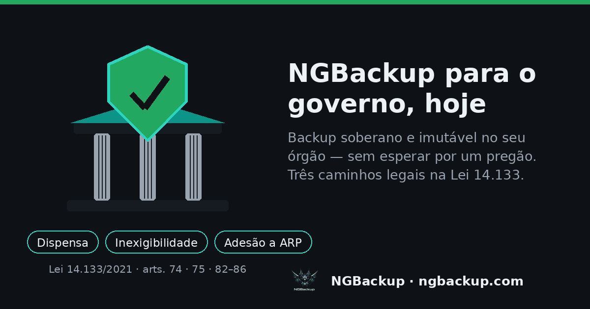 NGBackup para o governo, hoje: dispensa de licitação, inexigibilidade por fabricante nacional exclusivo e adesão a Ata de Registro de Preços
