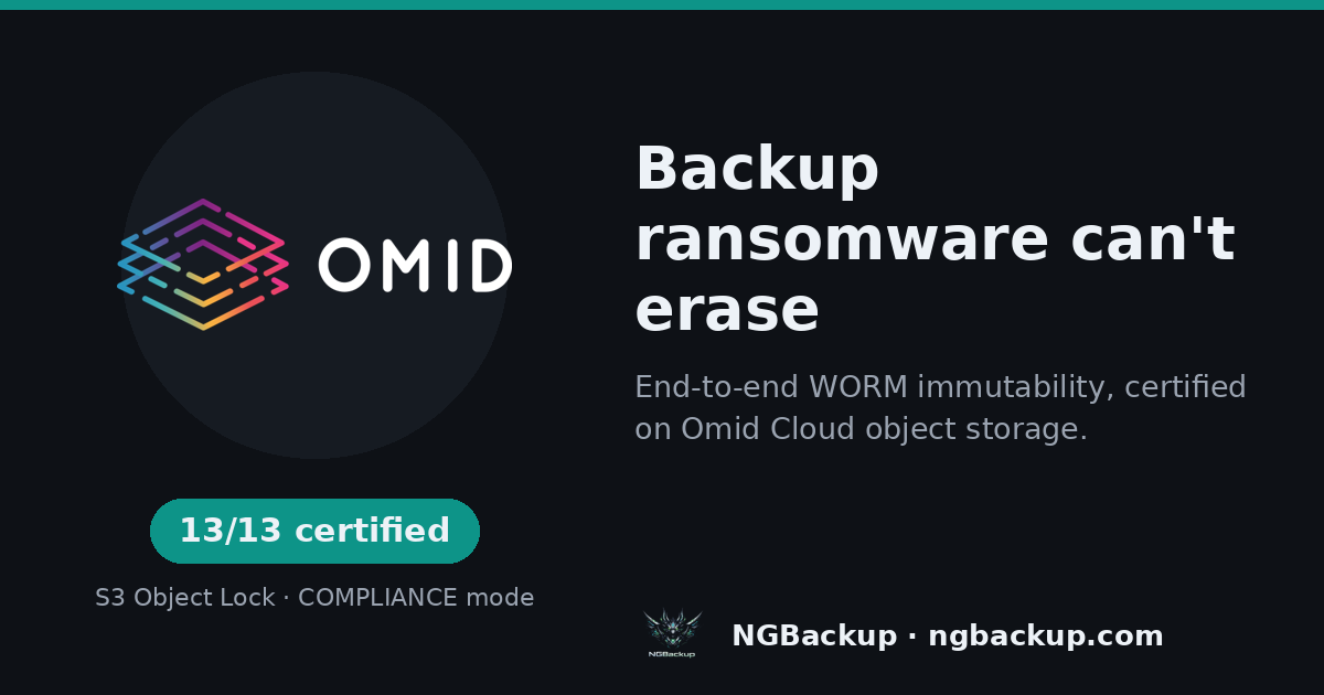 Backup ransomware can't erase: end-to-end WORM immutability certified on Omid Cloud